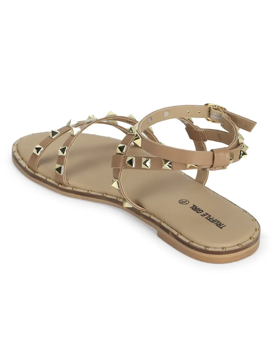 Beige PU Studded Flat Sandals