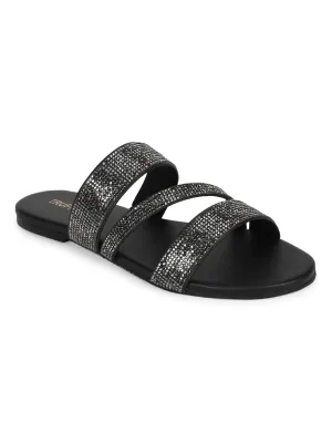 Black PU Strappy Diamante Slip Ons (TC-ST-1214-BLK)