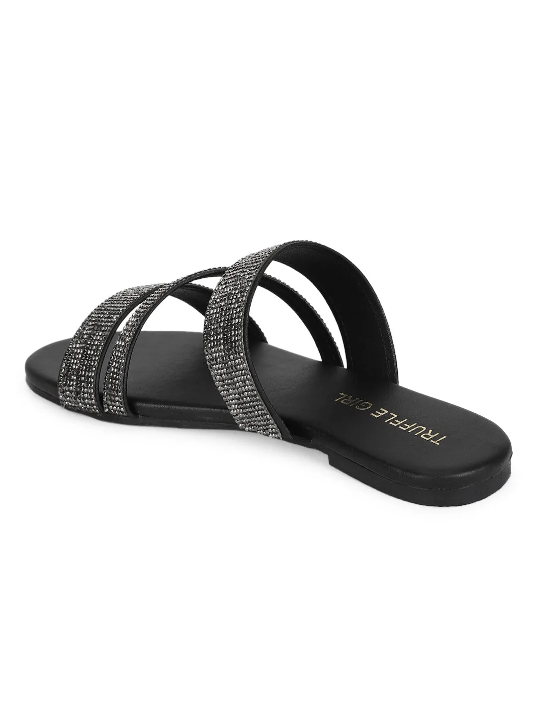 Black PU Strappy Diamante Slip Ons (TC-ST-1214-BLK)