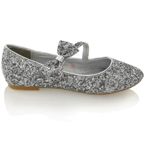 COLETTE FLAT LOW HEEL STRAPPY WITH BOW DETAILING BALLERINA PUMP SHOES IN SILVER GLITTER