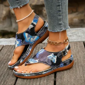 Colorful Anke Buckle Casual Wedge Sandals with Butterfly Design