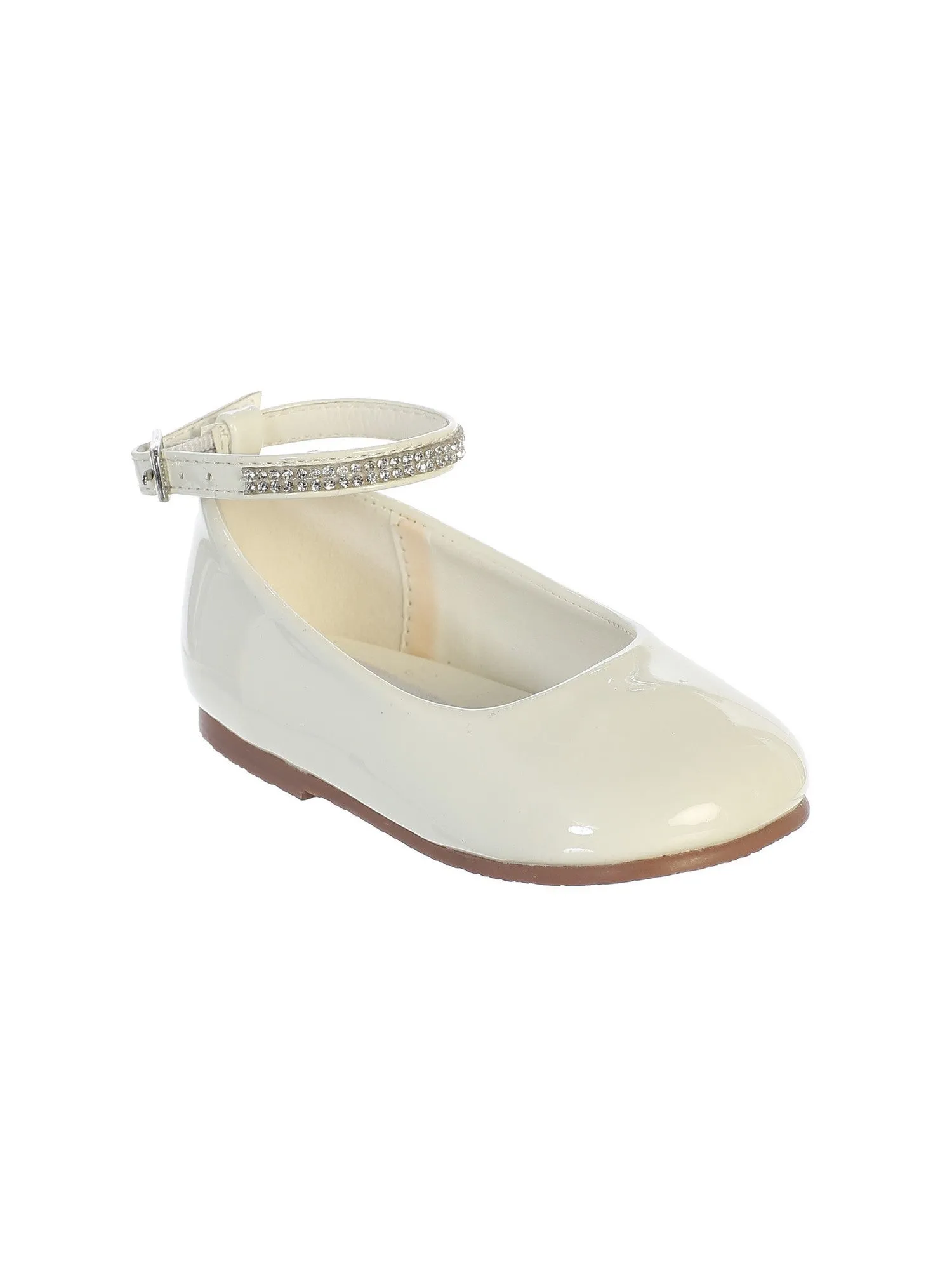 Girls Ivory Patent Rhinestone Encrusted Ankle Strap Flats 4 Kids