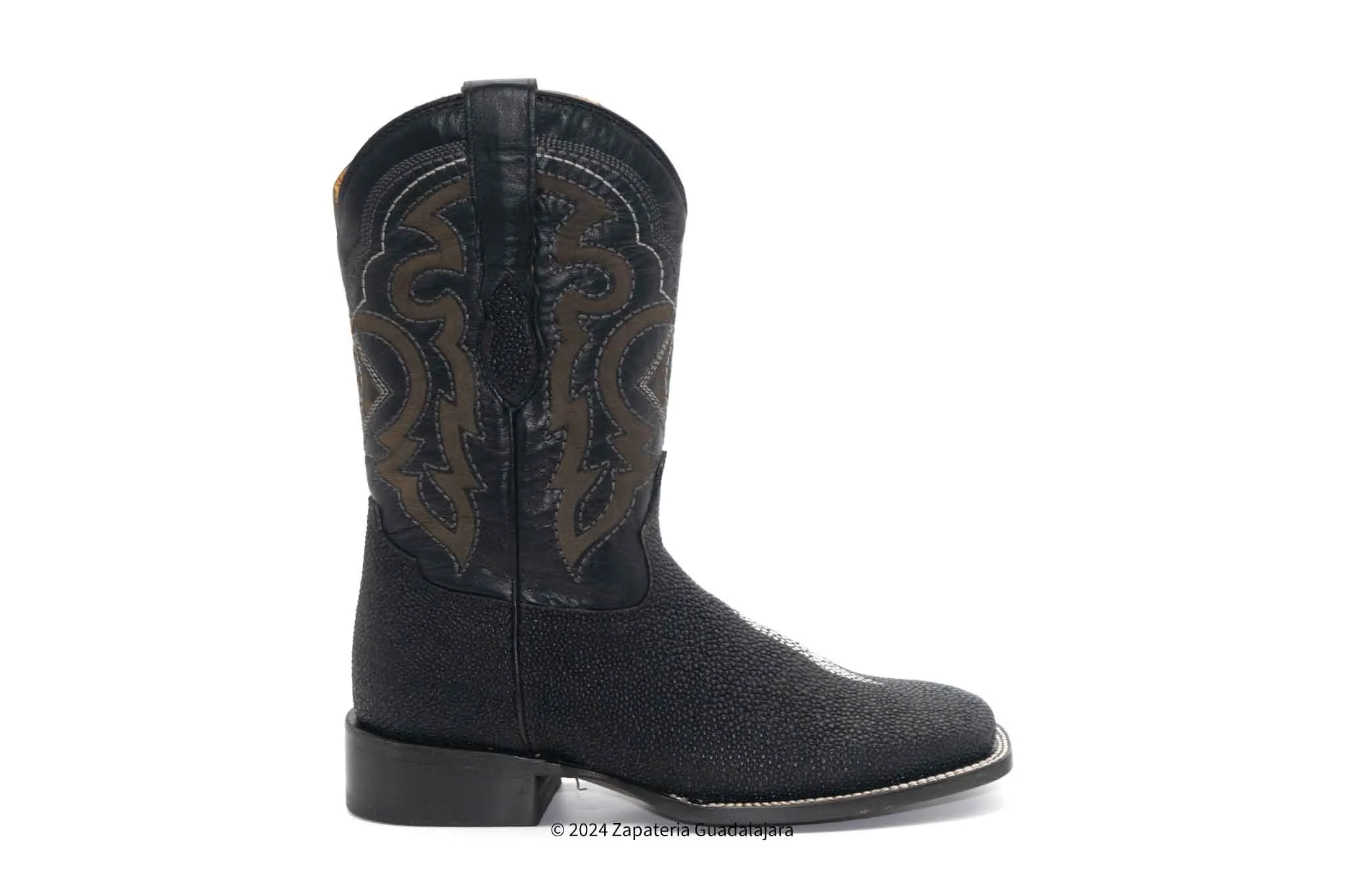 H52R9505 MEN WIDE SQUARE TOE SINGLE STONE STINGRAY PRINT BLACK LEATHER BOOT