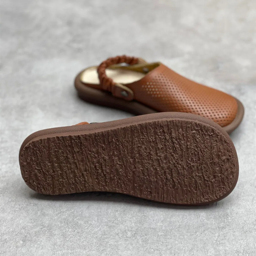 Handmade Flat Leather Slippers Hollow-out Sandals