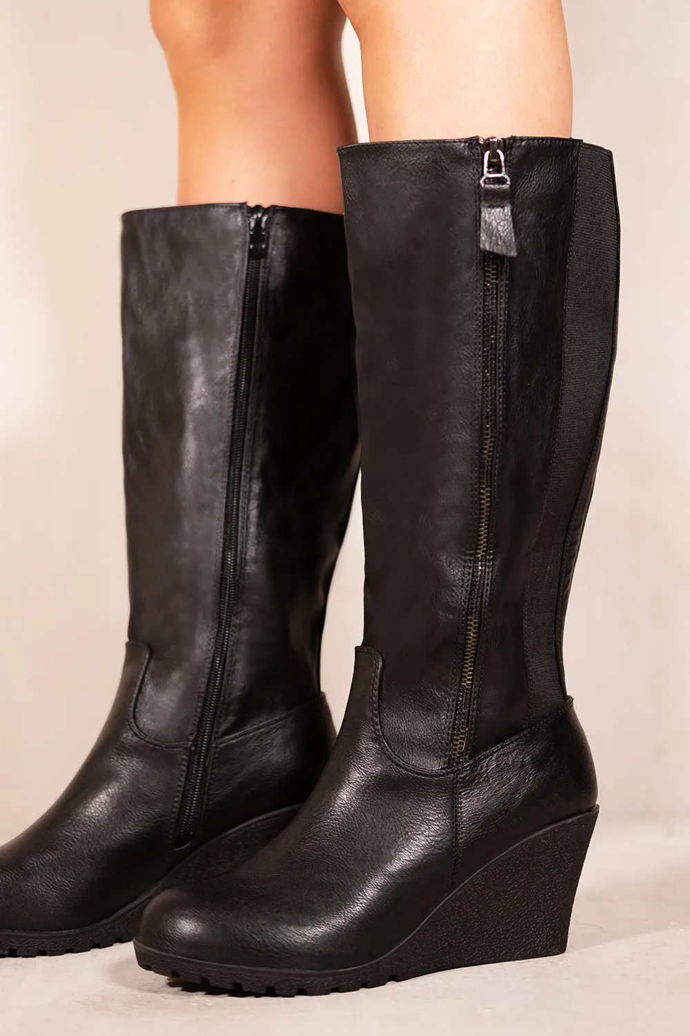 LARA WEDGE HEEL MID CALF HIGH BOOTS WITH SIDE ZIP IN BLACK FAUX LEATHER