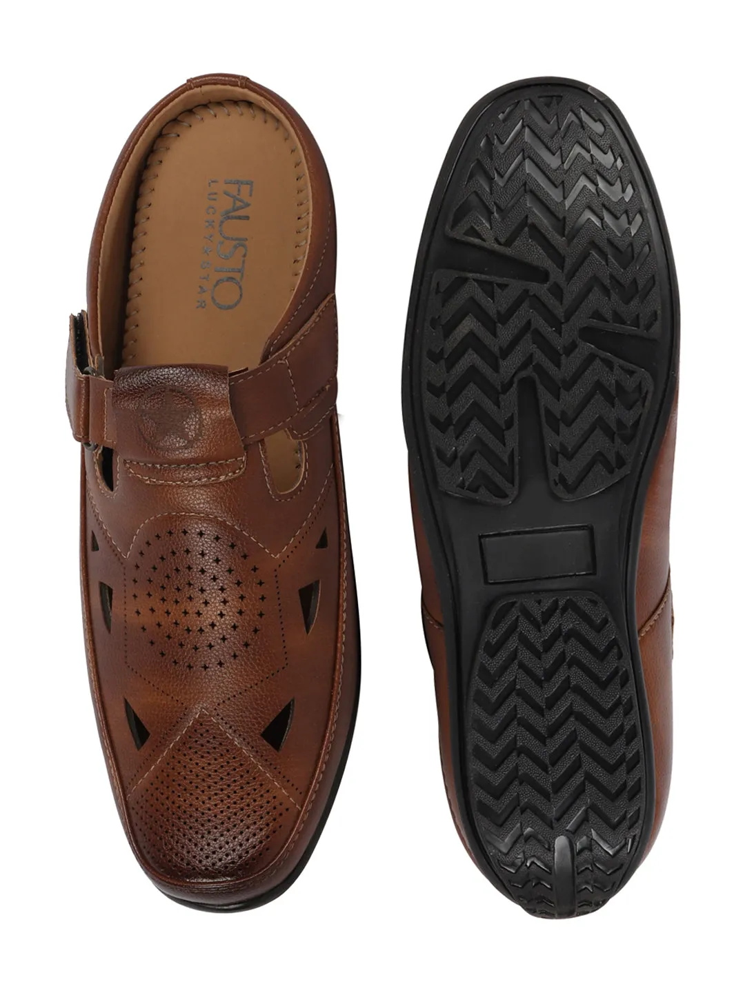 Men Tan Back Open Perforated Breathable Formal Sandal|Adujstable Strap Stitched Slip On Sandal