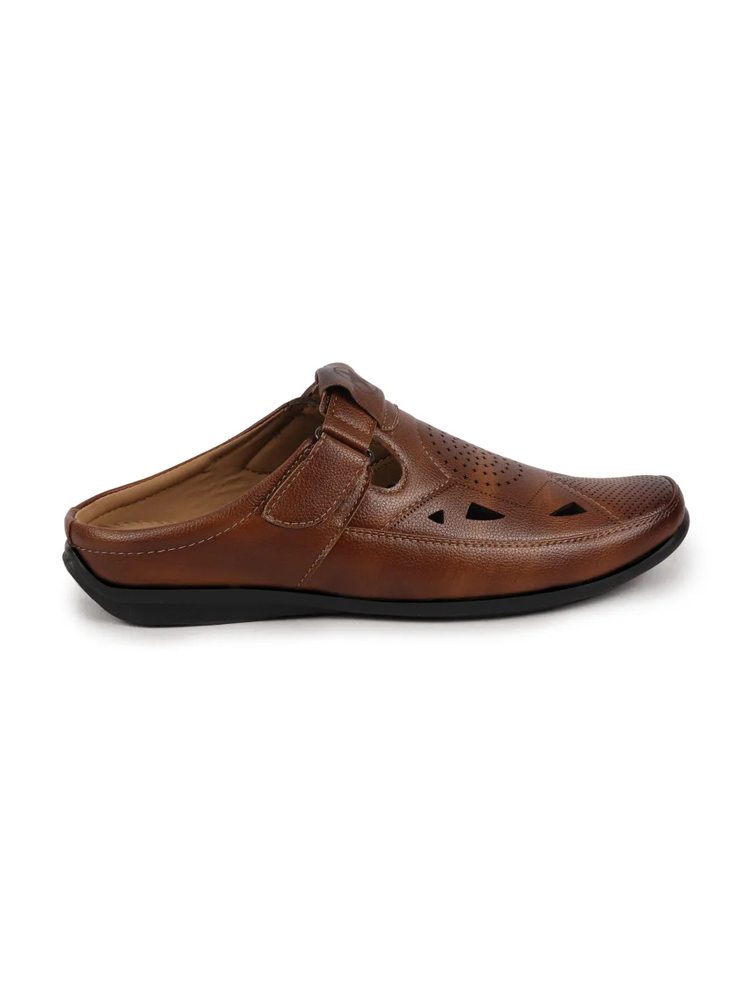 Men Tan Back Open Perforated Breathable Formal Sandal|Adujstable Strap Stitched Slip On Sandal