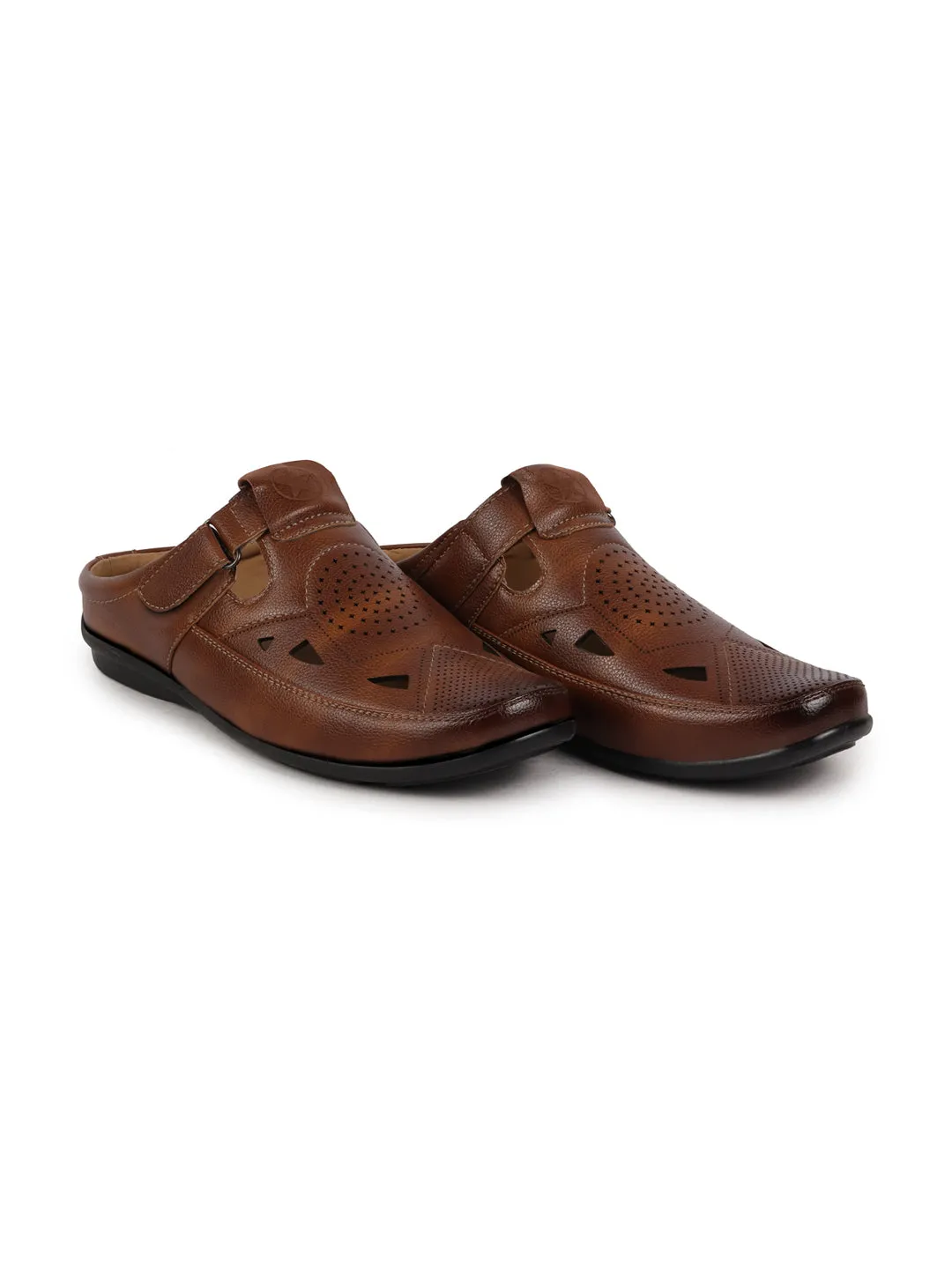 Men Tan Back Open Perforated Breathable Formal Sandal|Adujstable Strap Stitched Slip On Sandal