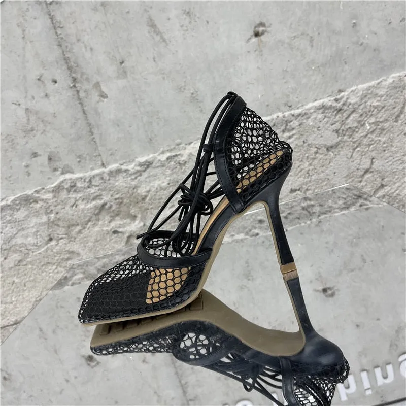 Mesh Square Toe Strap Pumps Sandals