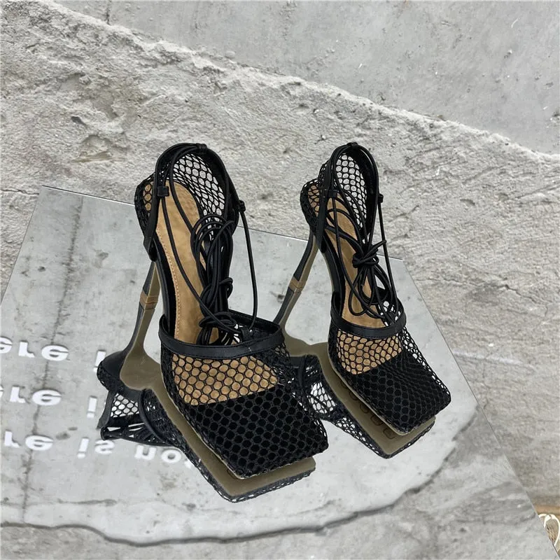 Mesh Square Toe Strap Pumps Sandals