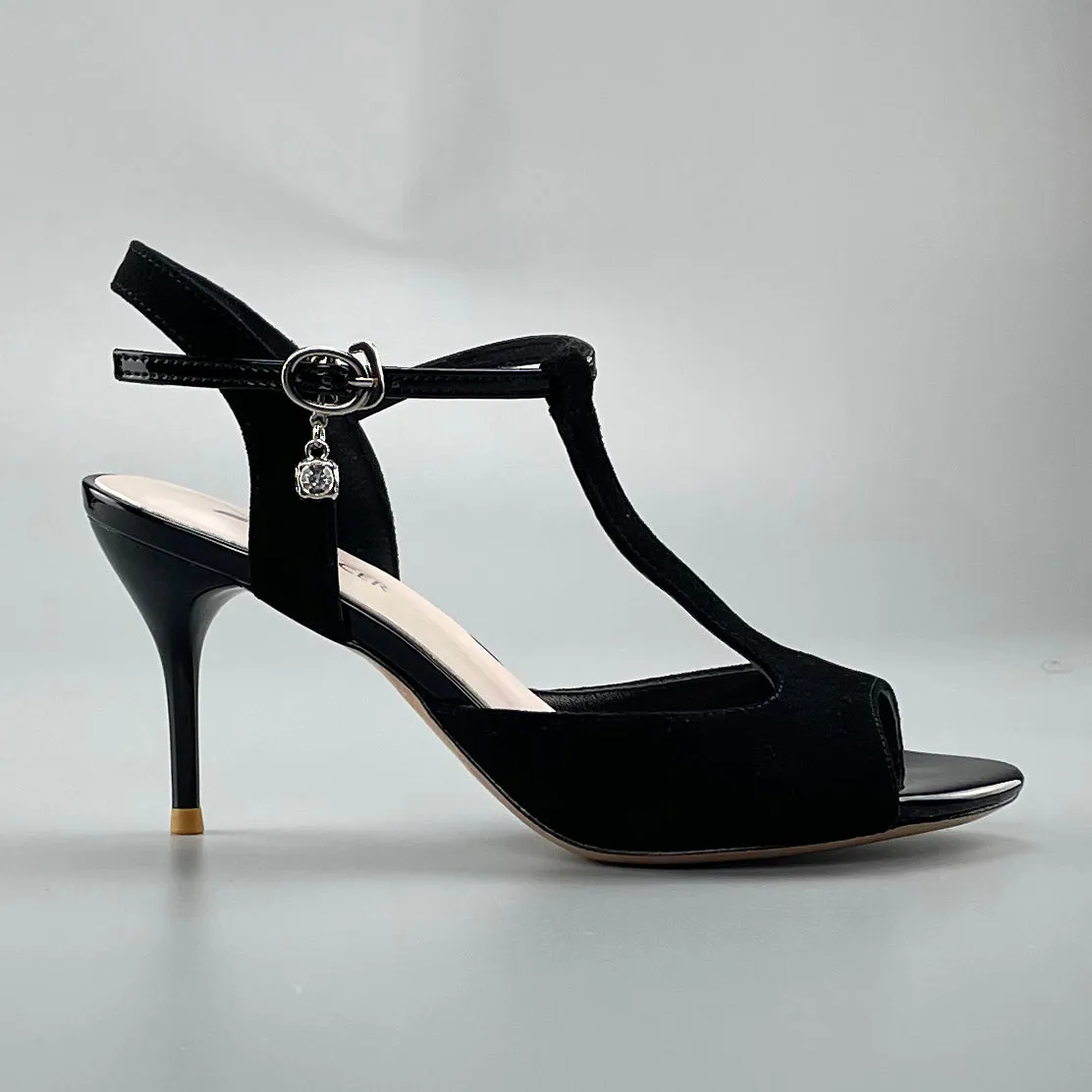 Open-toe and Open-back Argentine Tango Shoes High Salsa Heels Hard Leather Sole Sandals Black