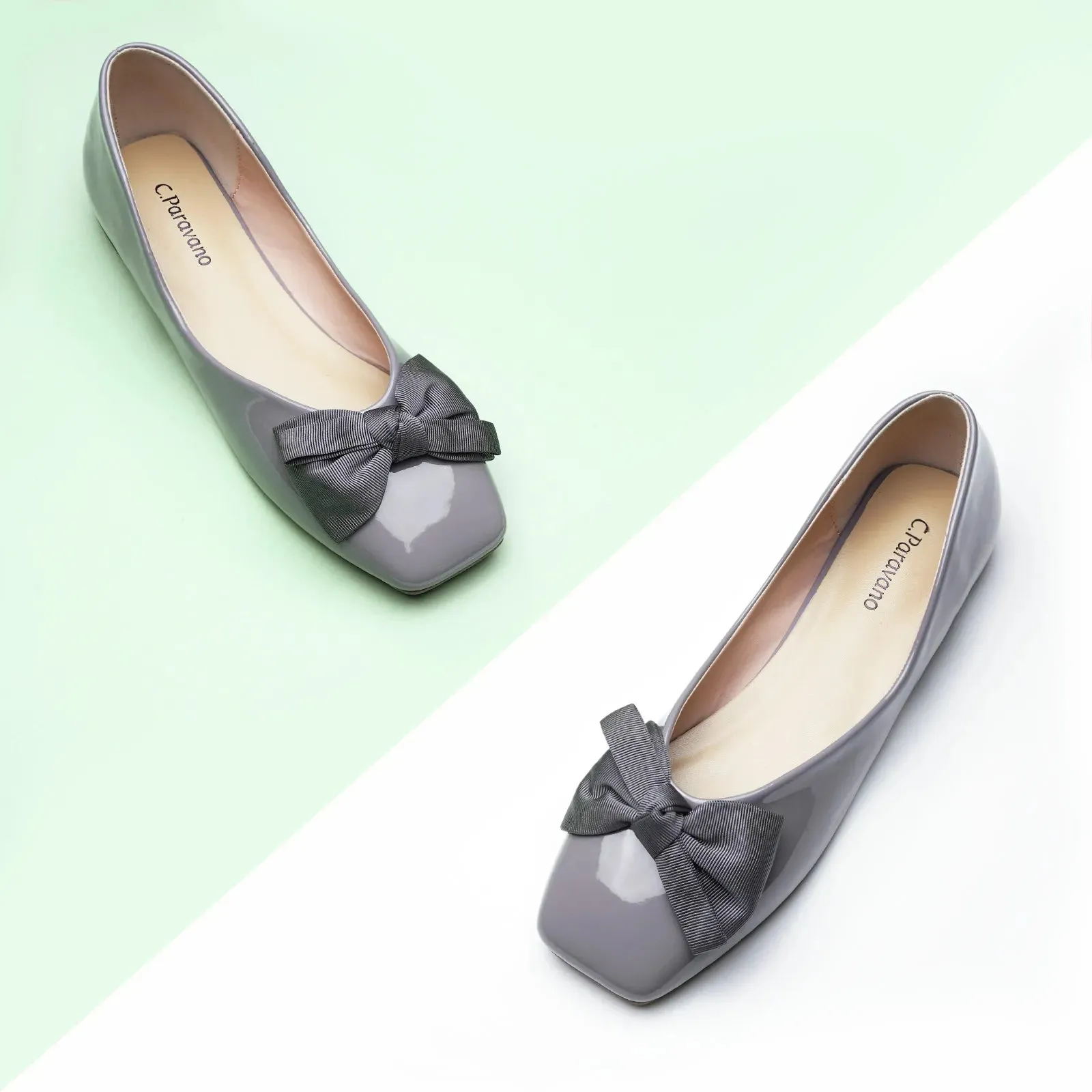 Patent Bow Ballerina Flats (Eva) Grey