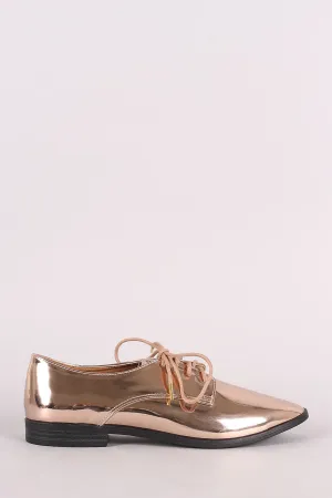 Qupid Mirror Metallic Lace Up Oxford Flat