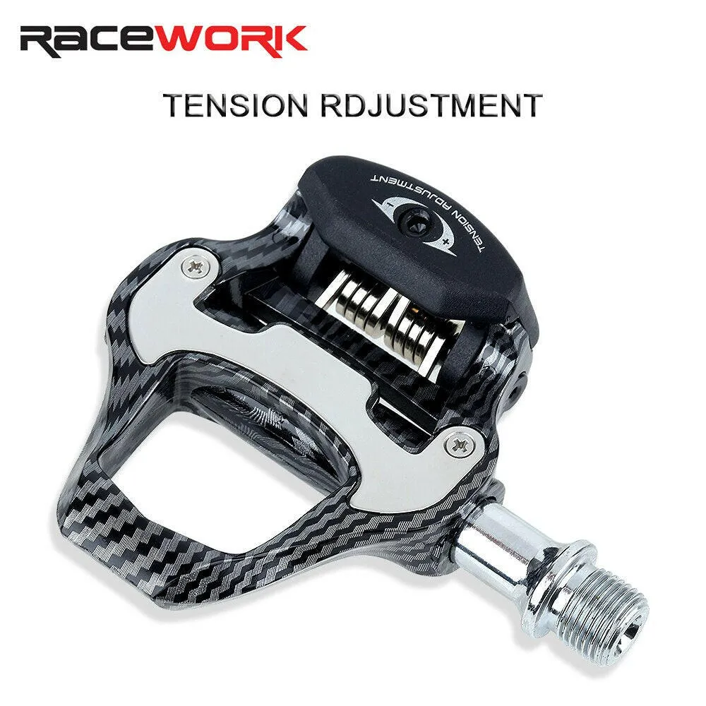 RACEWORK Road Bike Pedal Carbon Fiber Pattern Ultra Light Bearings Pedal For SPD Keo Self-Locking Bicycle Professional Pedals