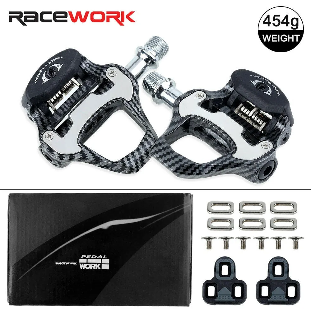 RACEWORK Road Bike Pedal Carbon Fiber Pattern Ultra Light Bearings Pedal For SPD Keo Self-Locking Bicycle Professional Pedals