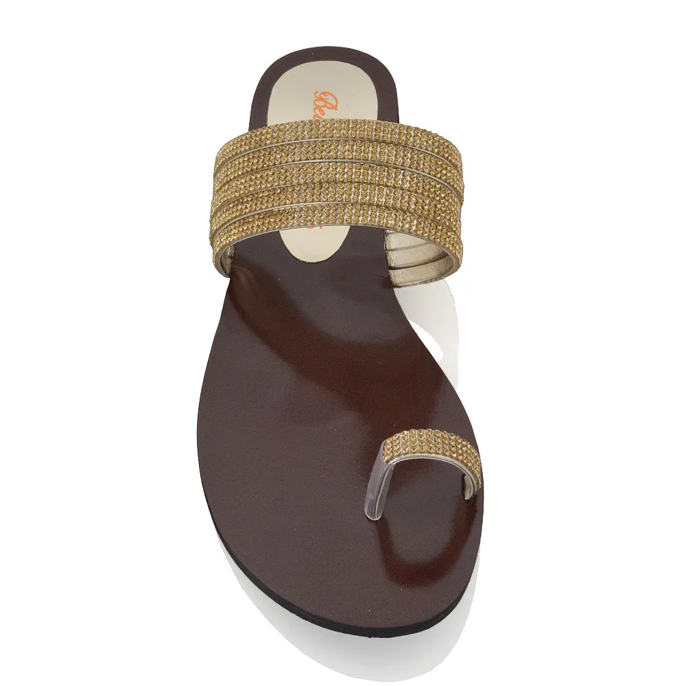 SKYE SLIP ON DAINTY SPARKLY STRAPPY TOE RING POST HIGH SHINE DIAMANTE FLAT SANDALS IN GOLD