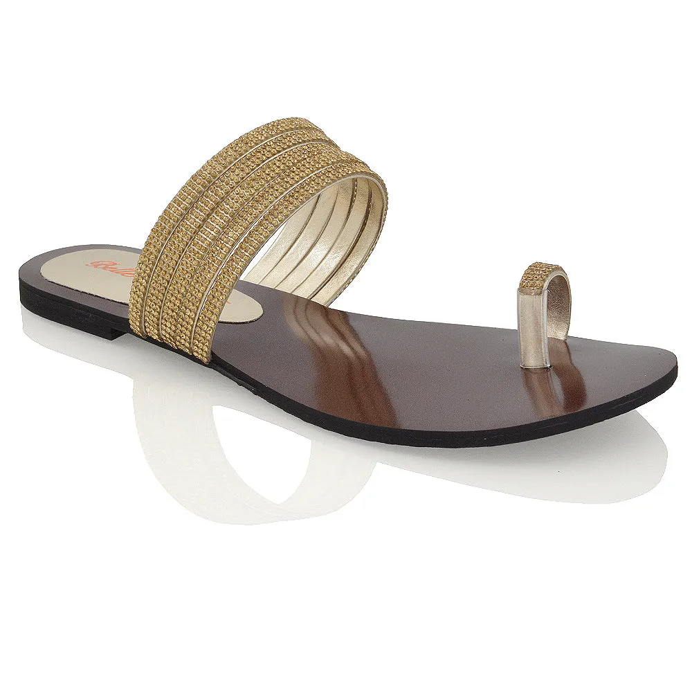 SKYE SLIP ON DAINTY SPARKLY STRAPPY TOE RING POST HIGH SHINE DIAMANTE FLAT SANDALS IN GOLD