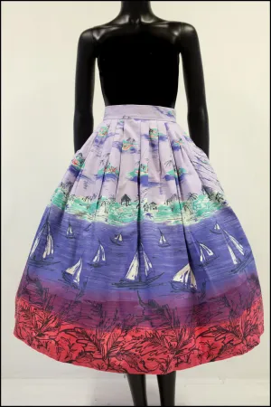 Vintage 1950s 'Lilac Beach' Novelty Full Skirt