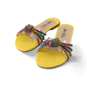 Women's Transparent Flat Sandals with Colorful Rhinestone Mesh Straps